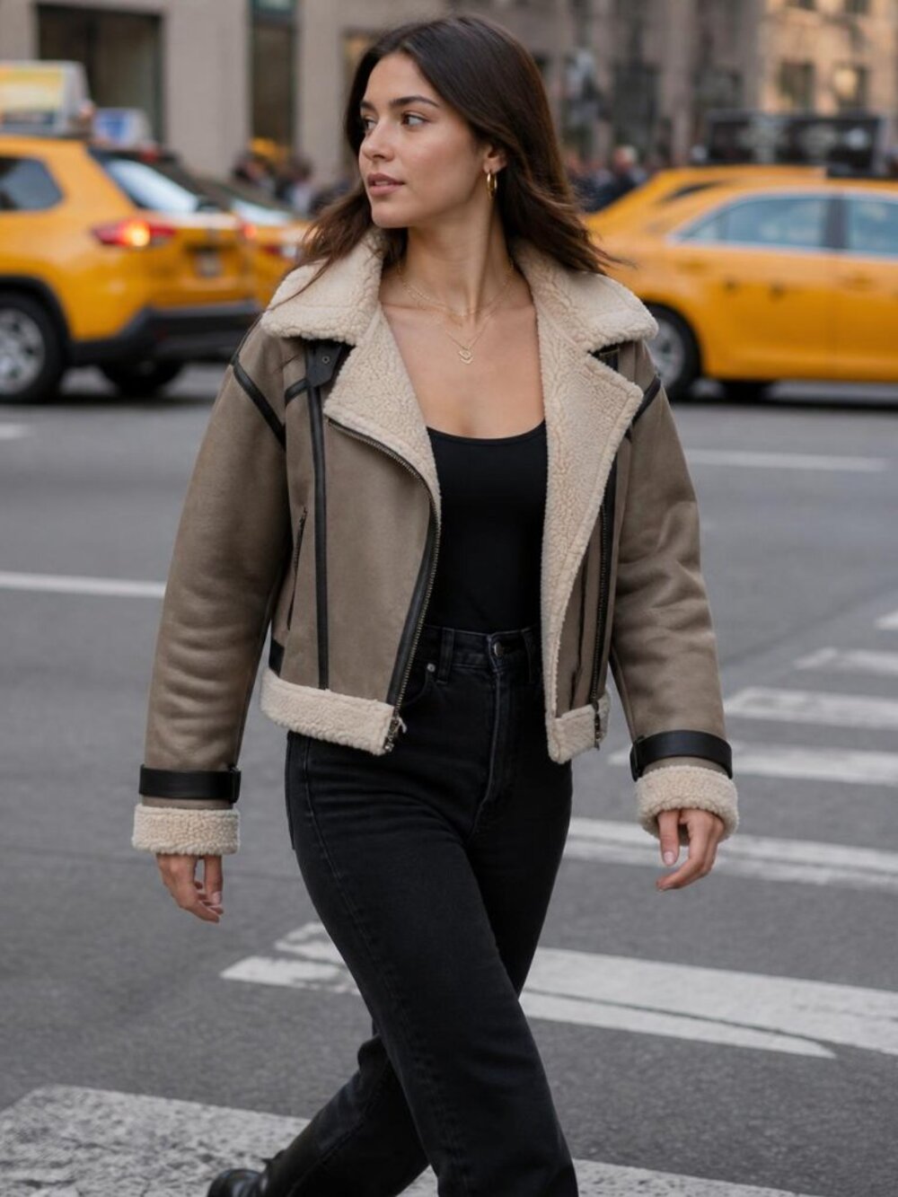 Zara Taupe Faux Suede Shearling Aviator Biker Jacket Size XS